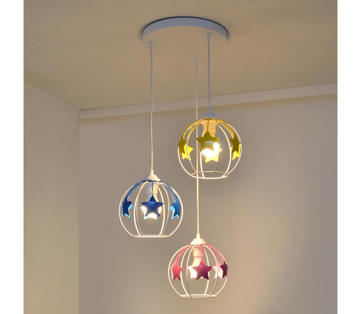  Dětský lustr na lanku STARS 3xE27/15W/230V modrá/růžová/žlutá W-KD 1385/3 WT+MIX