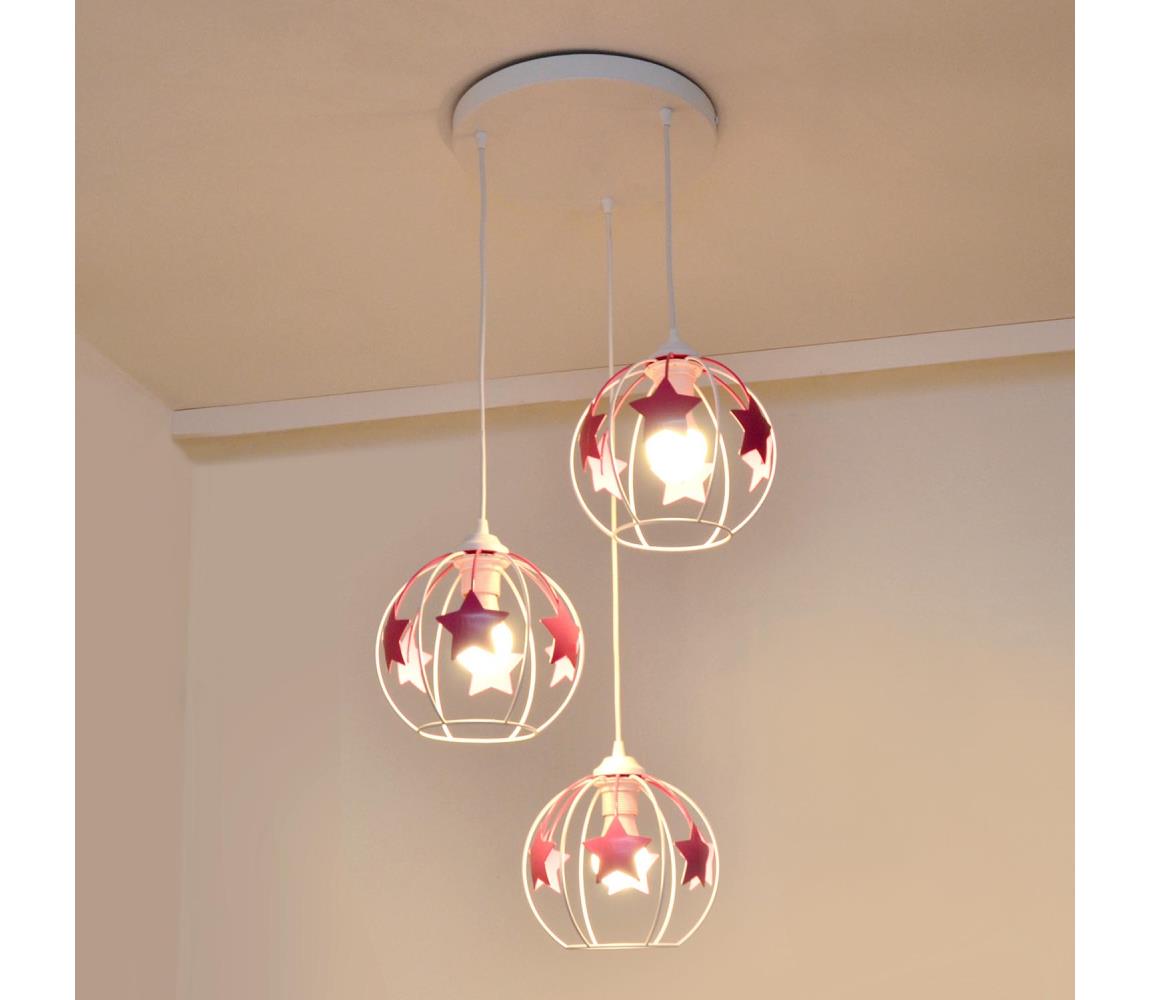  Dětský lustr na lanku STARS 3xE27/15W/230V růžová/bílá W-KD 1385/3 WT+PK