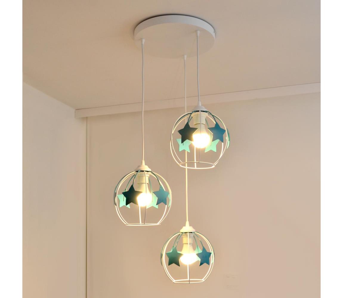  Dětský lustr na lanku STARS 3xE27/15W/230V tyrkysová/bílá W-KD 1385/3 WT+TRQ