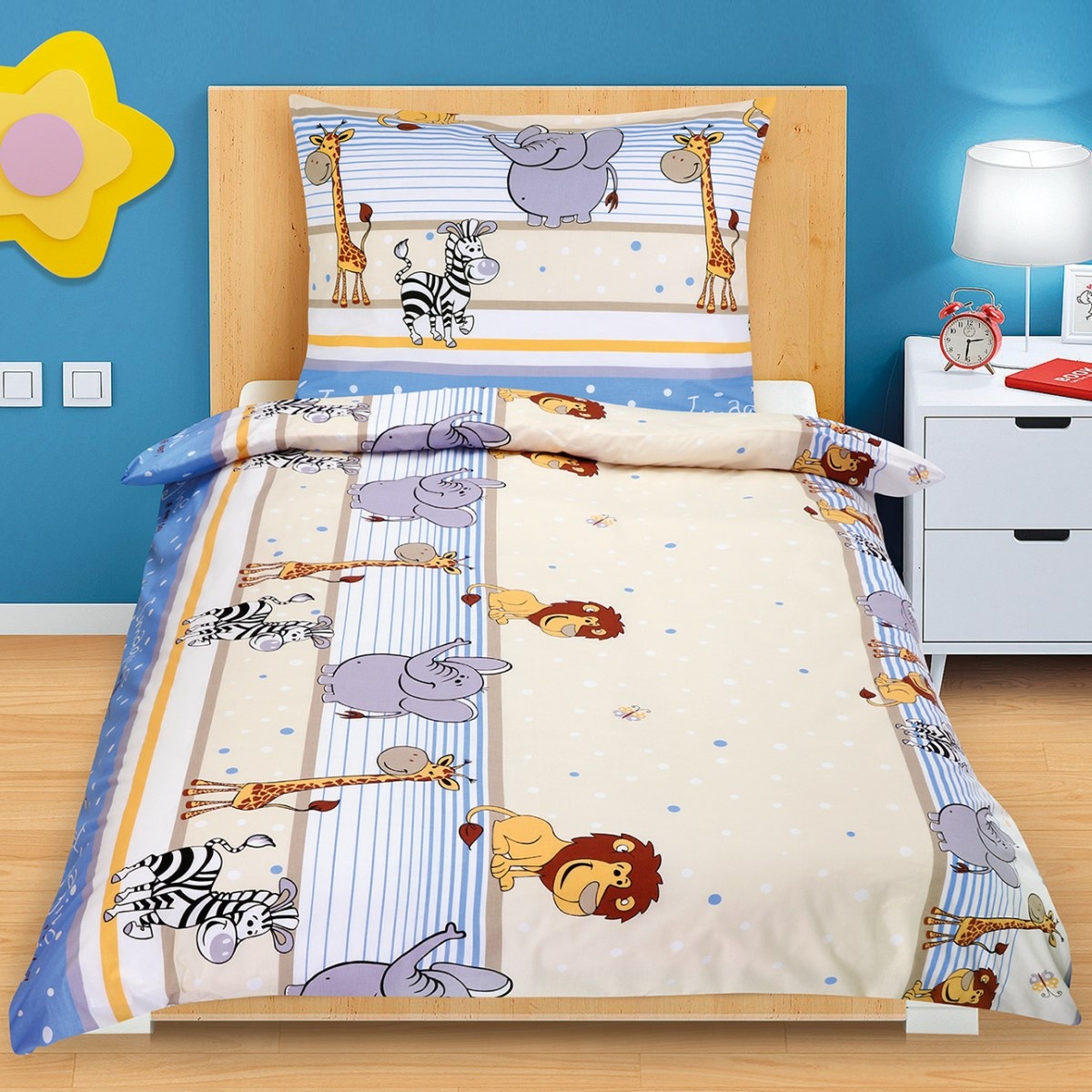 Bellatex Bavlněné povlečení Junior Safari modrá, 140 x 200 cm, 70 x 90 cm, 140 x 200 cm, 70 x 90 cm