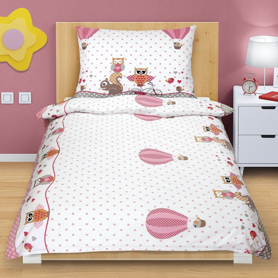 Bellatex Bavlněné povlečení Sovička růžová, 140 x 200, 70 x 90 cm, 140 x 200 cm, 70 x 90 cm