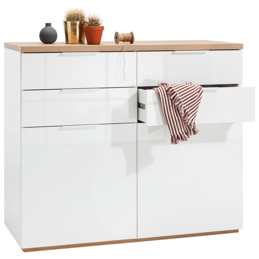 Carryhome KOMODA, vysoce lesklá bílá, barvy dubu, 120/102/50 cm