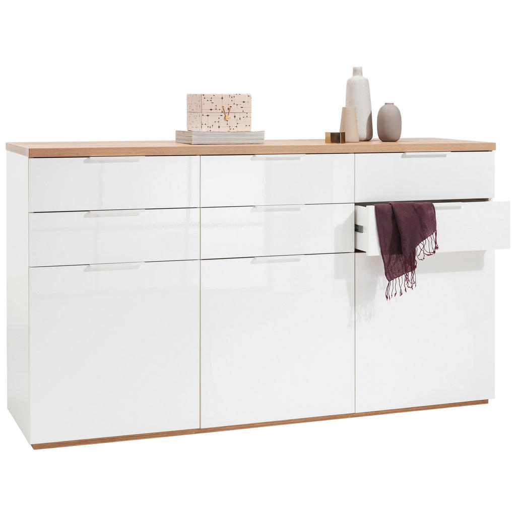 Carryhome ŠIROKÁ KOMODA, vysoce lesklá bílá, barvy dubu, 180/102/50 cm