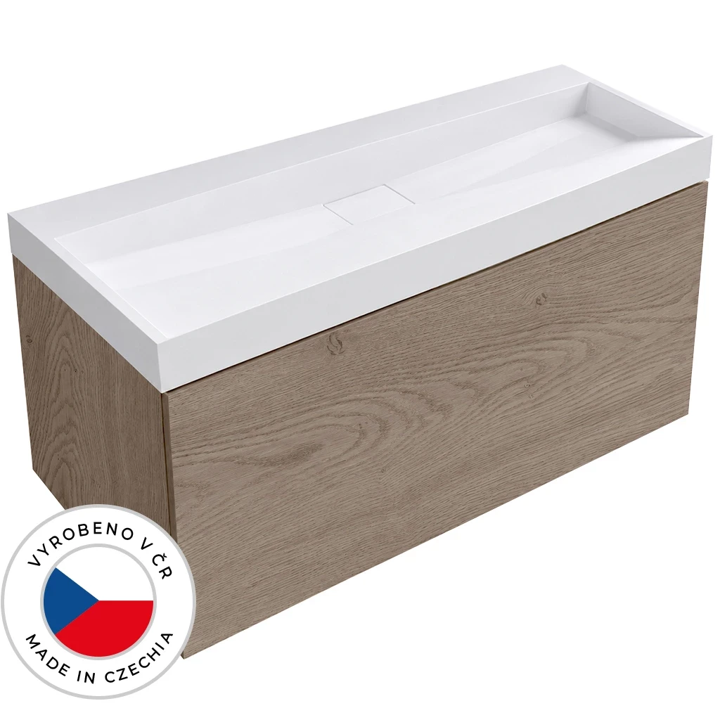 CERANO Koupelnová skříňka Adele dub Cannolo Cremona + umyvadlo z lit. mramoru Vita bílá matná 120x50x46  CER-913068