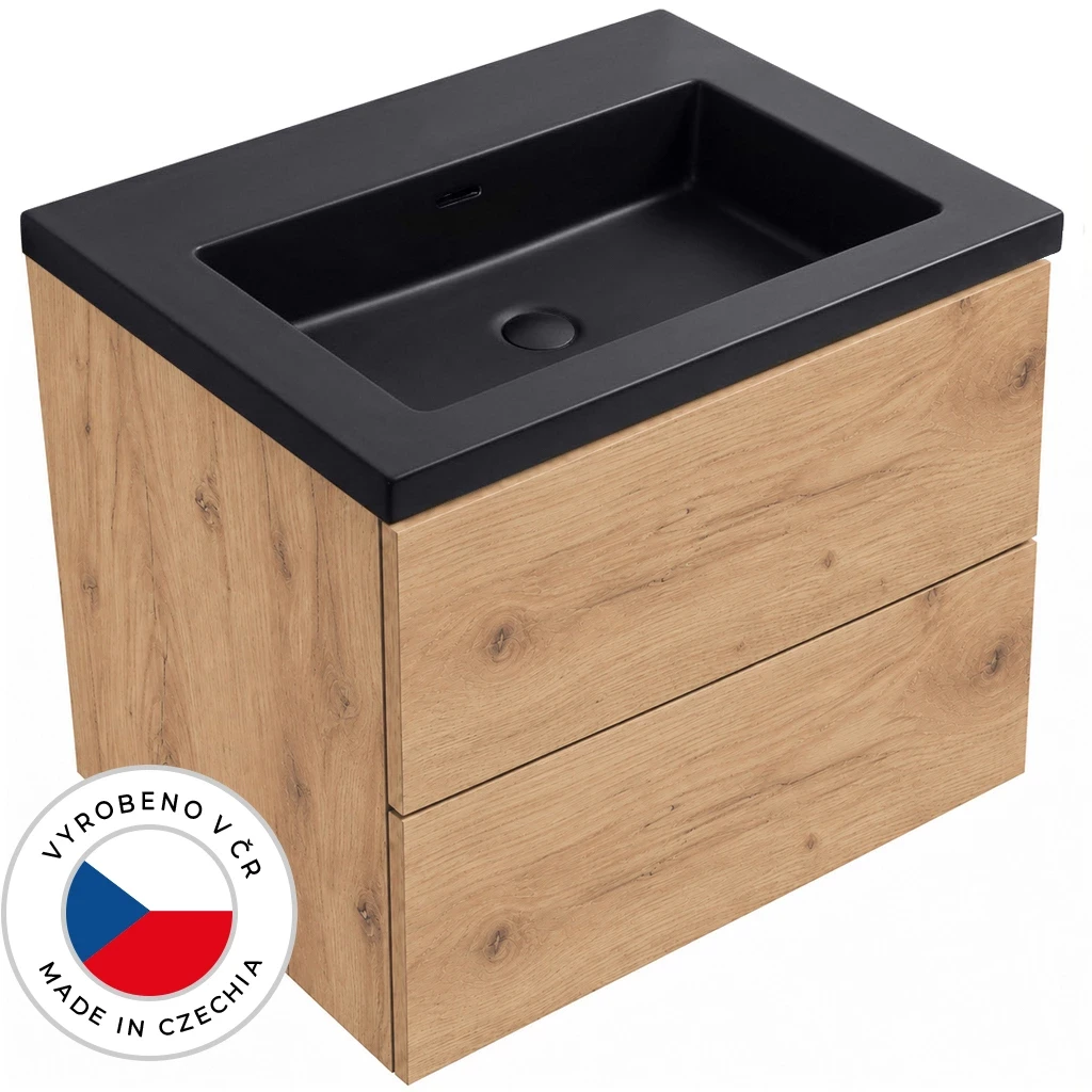 CERANO Koupelnová skříňka Adele dub zlatý Craft + umyvadlo z lit. mramoru Ovo černá matná 70,5x65x46,5  CER-484152