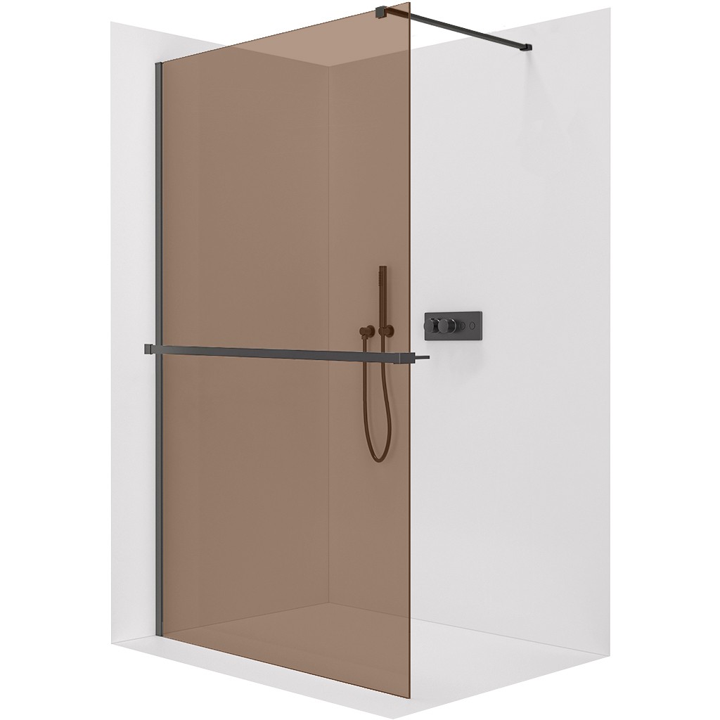 CERANO Sprchová zástěna Walk-in Onyx Cube L/P 8 mm + polička/držák na ručníky hranatá vzpěra černá matná, bronzové sklo 150x200 CER-689347