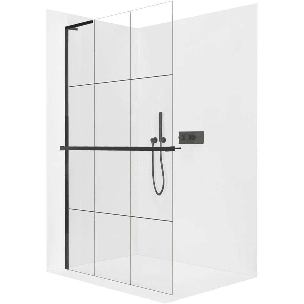 CERANO Sprchová zástěna Walk-in Onyx L-levá vzpěra 8 mm + polička/držák na ručníky černá matná, industriální sklo 110x200  CER-8050BD1355
