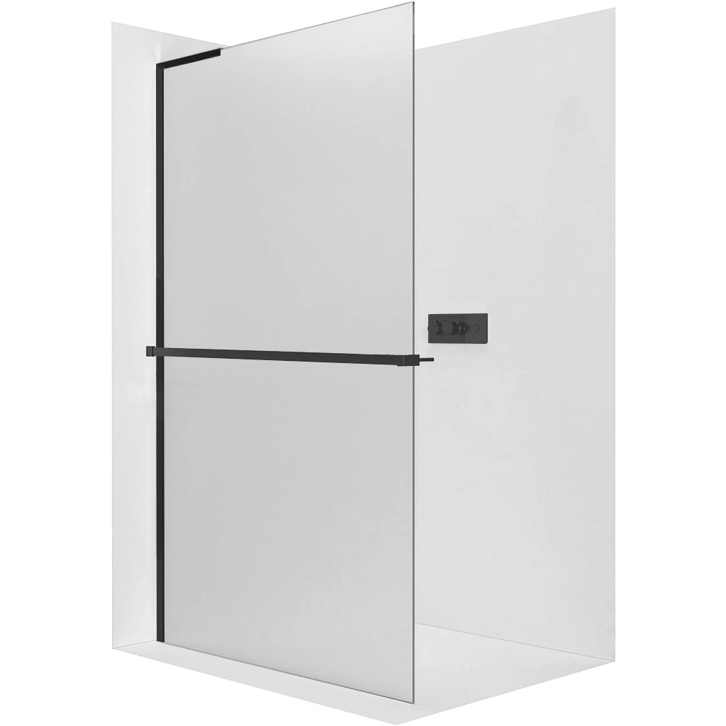 CERANO Sprchová zástěna Walk-in Onyx L-levá vzpěra + polička/držák na ručníky 8 mm černá matná, mléčné sklo 30x200 CER-8050BD80056