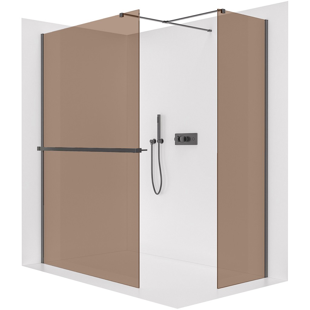 CERANO Sprchová zástěna Walk-in Onyx T L/P 8 mm hranatá vzpěra + polička/držák na ručníky černá matná, bronzové sklo 160x110x200  CER-689623