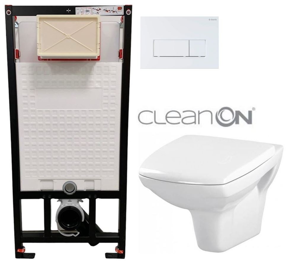 DEANTE Podomítkový rám, pro závěsné WC mísy + SLIM tlačítko bílé + WC CERSANIT CLEANON CARINA  + SEDÁTKO CST_WC01 A51P CA1