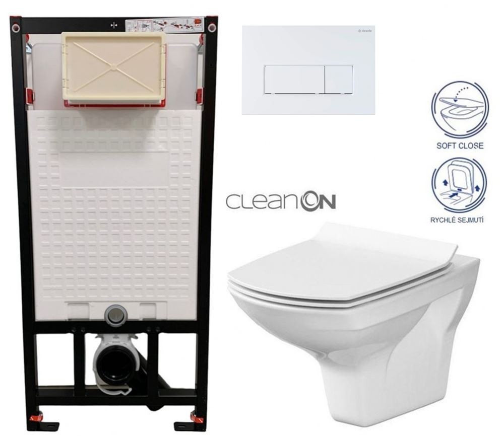 DEANTE Podomítkový rám, pro závěsné WC mísy + SLIM tlačítko bílé + WC CERSANIT CLEANON CARINA + SEDÁTKO CST_WC01 A51P CA3