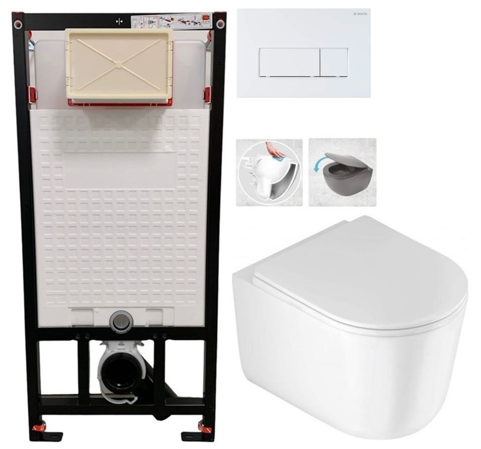 DEANTE Podomítkový rám, pro závěsné WC mísy + SLIM tlačítko bílé + WC DEANTE Jasmin se sedátkem RIMLESS /VÍROVÉ SPLACH/ CST_WC01 A51P JA1