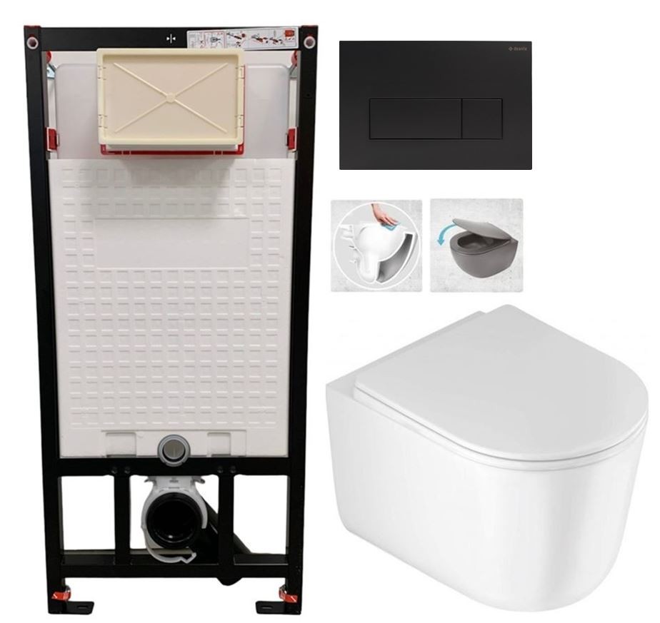 DEANTE Podomítkový rám, pro závěsné WC mísy + SLIM tlačítko černé + WC DEANTE Jasmin se sedátkem RIMLESS /VÍROVÉ SPLACH/ CST_WC01 N51P JA1