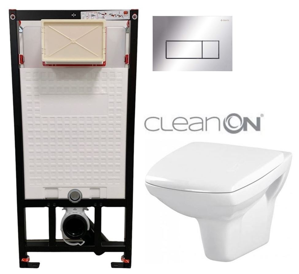 DEANTE Podomítkový rám, pro závěsné WC mísy + SLIM tlačítko chrom + WC CERSANIT CLEANON CARINA  + SEDÁTKO CST_WC01 051P CA1