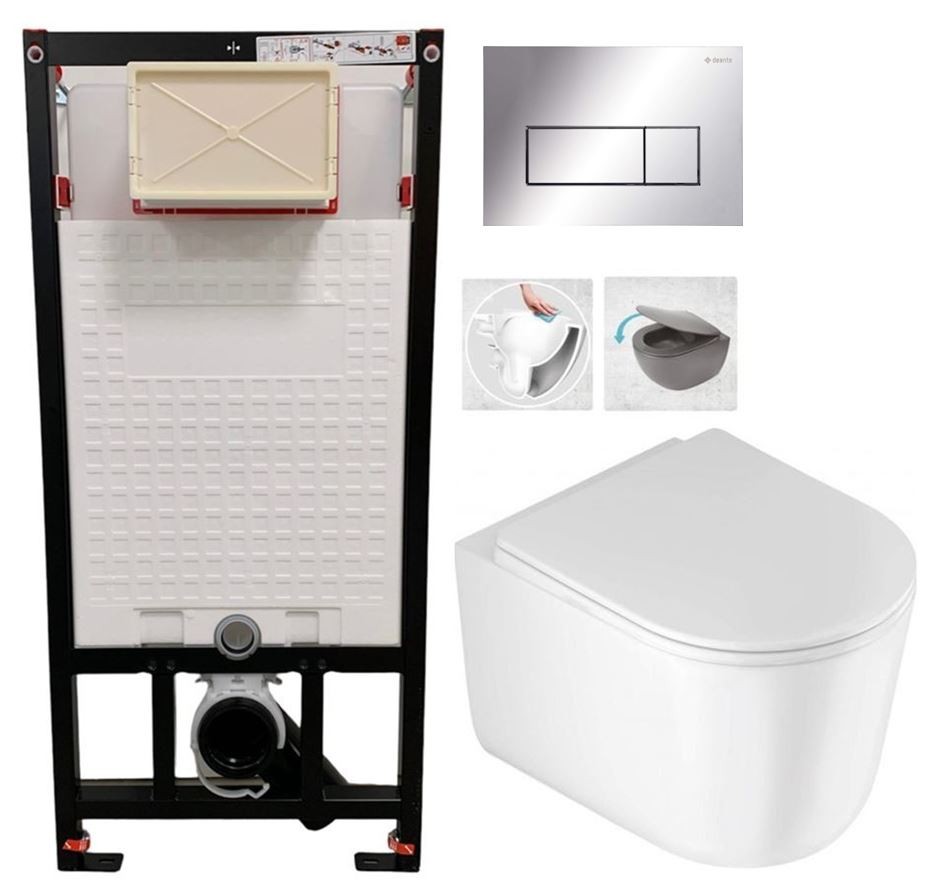DEANTE Podomítkový rám, pro závěsné WC mísy + SLIM tlačítko chrom + WC DEANTE Jasmin se sedátkem RIMLESS /VÍROVÉ SPLACH/ CST_WC01 051P JA1