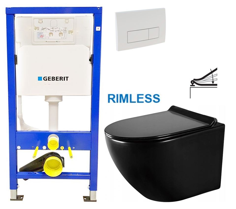GEBERIT DuofixBasic s bílým tlačítkem DELTA51 + WC MEXEN LENA ČERNÁ Rimless + SEDÁTKO 458.103.00.2 51BI ME01