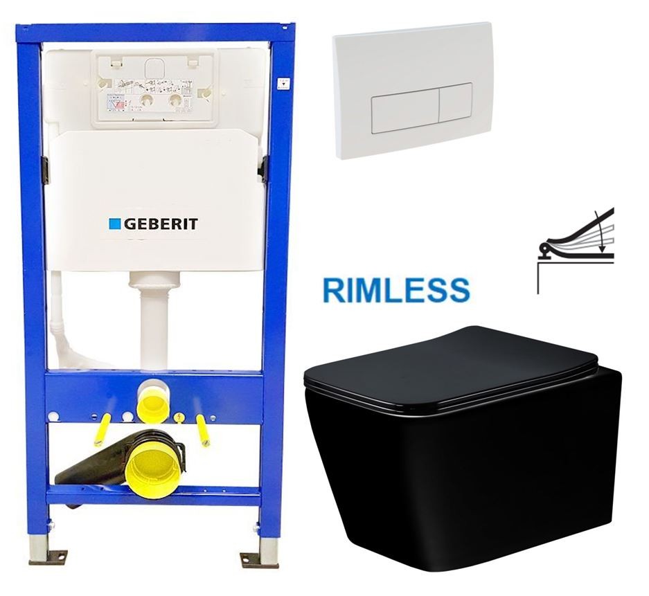 GEBERIT DuofixBasic s bílým tlačítkem DELTA51 + WC MEXEN TEO ČERNÁ Rimless + SEDÁTKO 458.103.00.2 51BI ME02