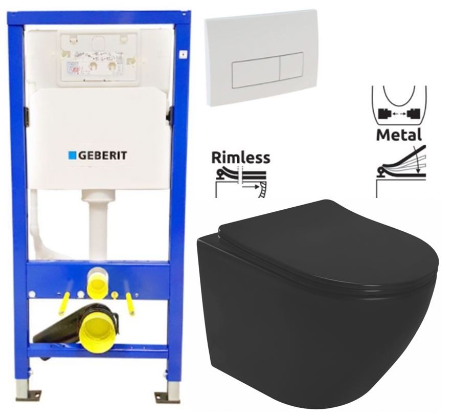 GEBERIT DuofixBasic s bílým tlačítkem DELTA51 + WC REA CARLO MINI RIMLESS ČIERNY MAT + SEDADLO 458.103.00.2 51BI MM1