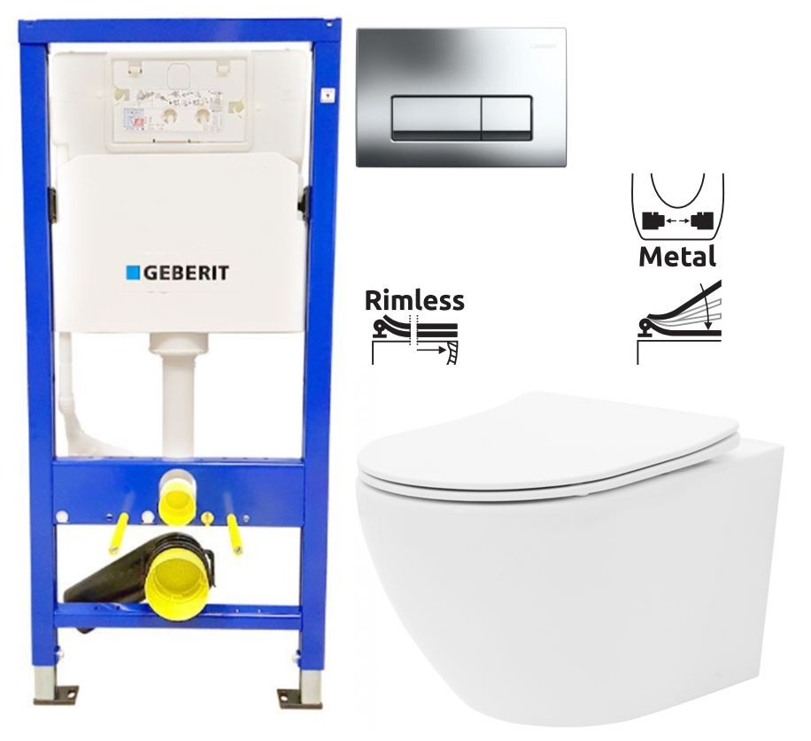 GEBERIT DuofixBasic s chromovým tlačítkem DELTA51 (458.103.00.2 51CR CF1)+ WC REA Carlo Flat Mini Rimless + SEDÁTKO 458.103.00.2 51CR CF1