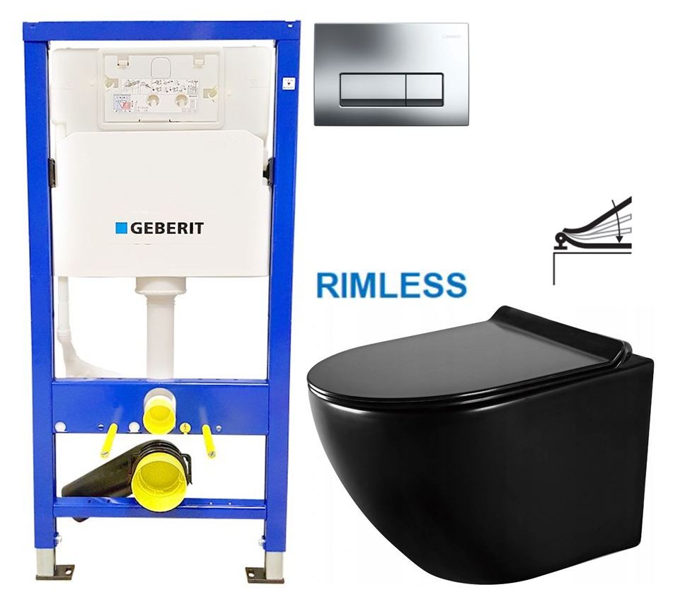 GEBERIT DuofixBasic s chromovým tlačítkem DELTA51 (458.103.00.2 51CR ME01)+ WC MEXEN LENA ČERNÁ Rimless + SEDÁTKO 458.103.00.2 51CR ME01