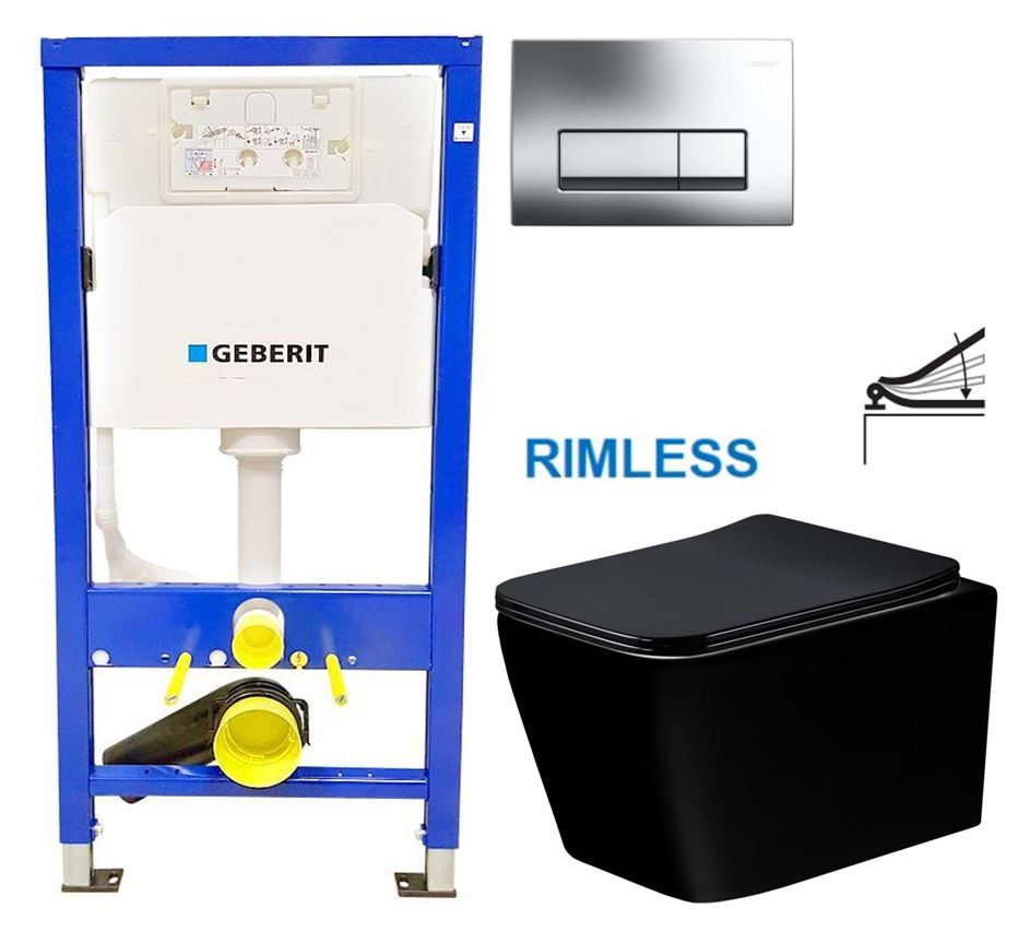 GEBERIT DuofixBasic s chromovým tlačítkem DELTA51 (458.103.00.2 51CR ME02)+ WC MEXEN TEO ČERNÁ Rimless + SEDÁTKO 458.103.00.2 51CR ME02