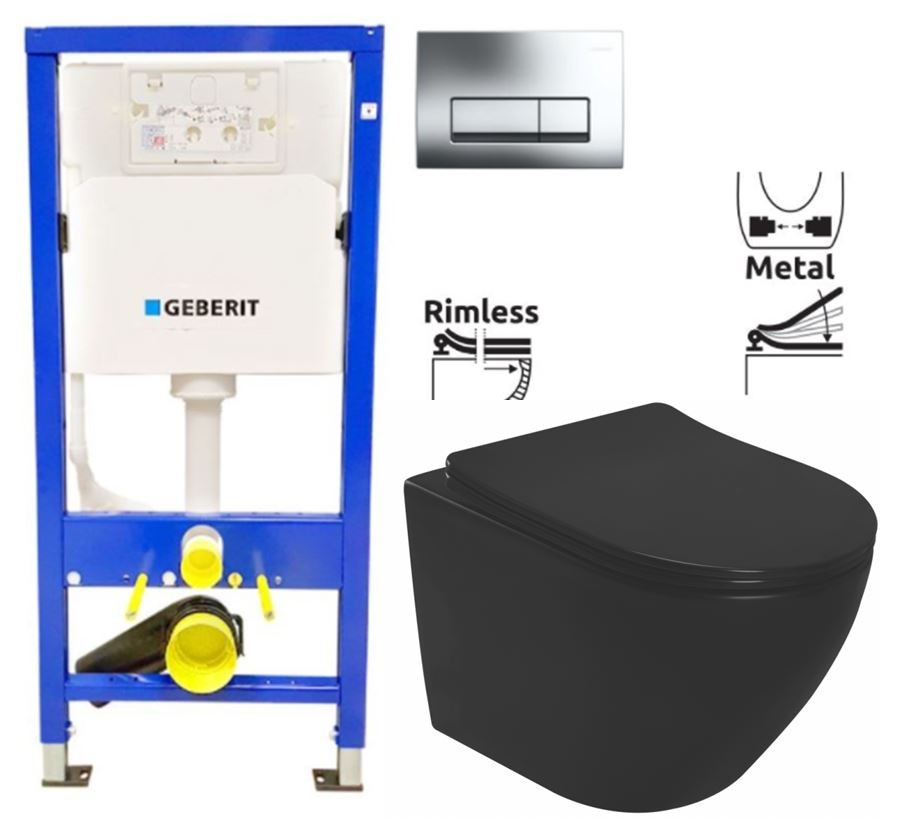 GEBERIT DuofixBasic s chromovým tlačítkem DELTA51 (458.103.00.2 51CR MM1)+ WC REA CARLO MINI RIMLESS ČIERNY MAT + SEDADLO 458.103.00.2 51CR MM1