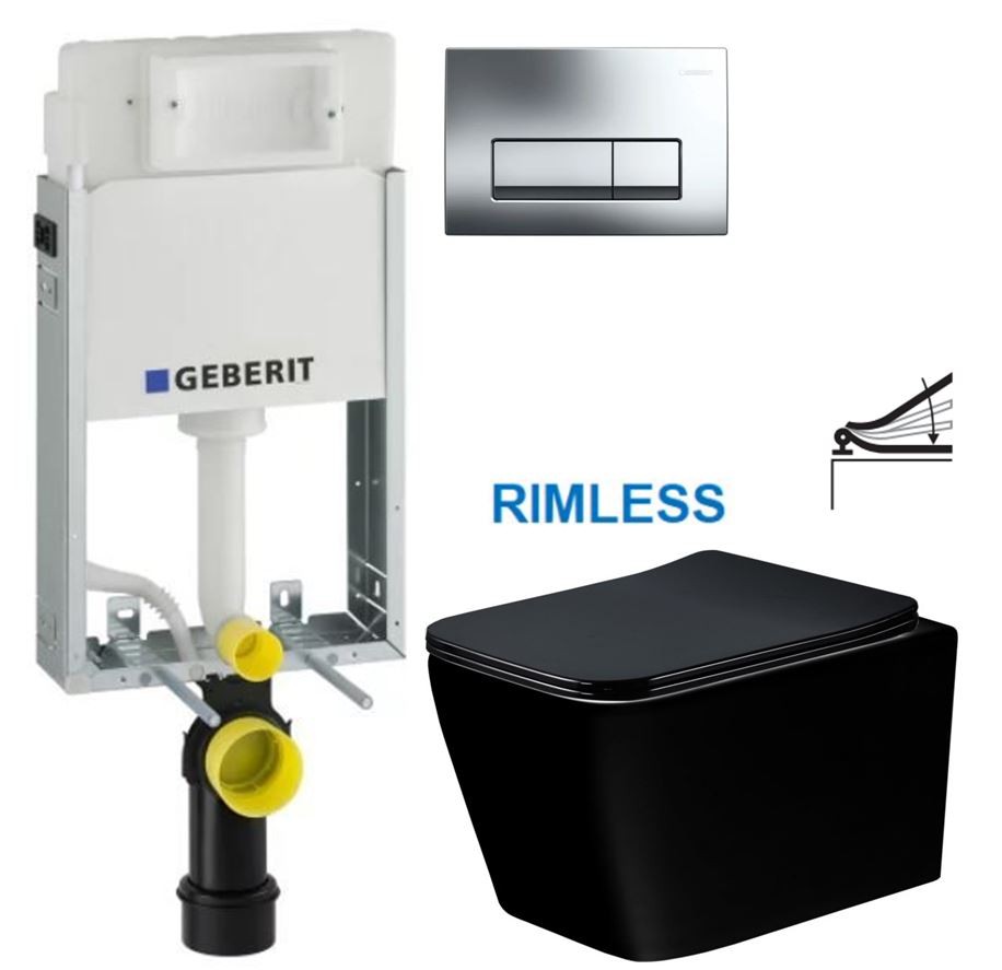 GEBERIT KOMBIFIXBasic vč. chromového tlačítka DELTA 51 + WC MEXEN TEO ČERNÁ Rimless + SEDÁTKO 110.100.00.1 51CR ME02
