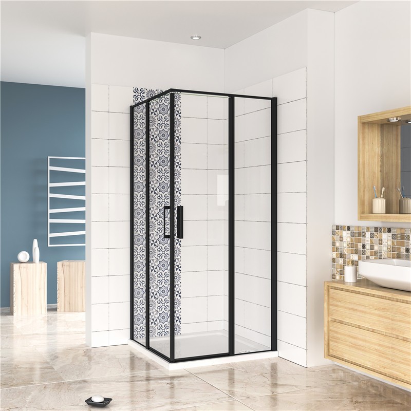 H K Čtvercový sprchový kout BLACK SAFIR R101, 100x100, se dvěma jednokřídlými dveřmi s pevnou stěnou, rohový vstup SE-BLACKSAFIRR101