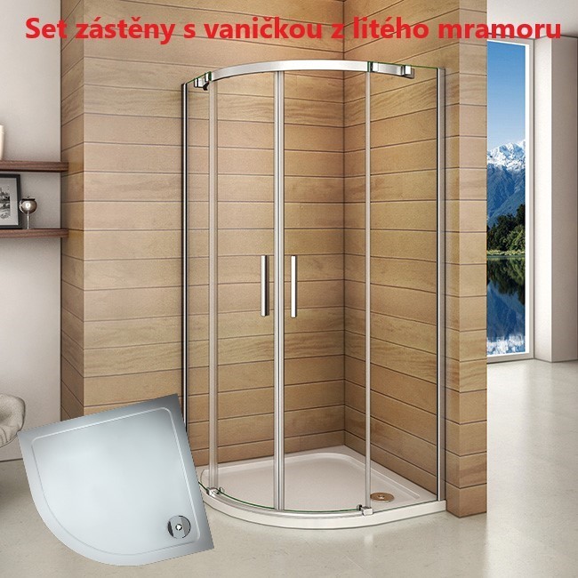 H K Čtvrtkruhový sprchový kout HARMONY S4 90 s dvoudílnými posuvnými dveřmi a sprchovou vaničkou z litého mramoru SE-HARMONYS490/ROCKY-90Q