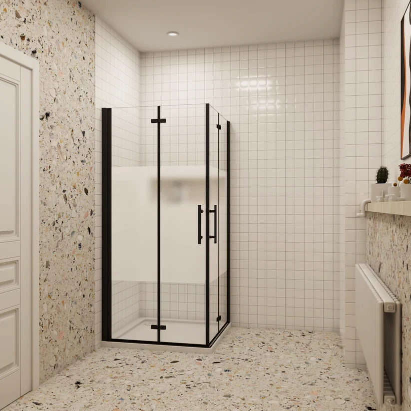 H K Sprchový kout MELODY BLACK LINE R808, 80x80 se zalamovacími dveřmi včetně sprchové vaničky z litého mramoru MBLINER808/THOR-80SQ