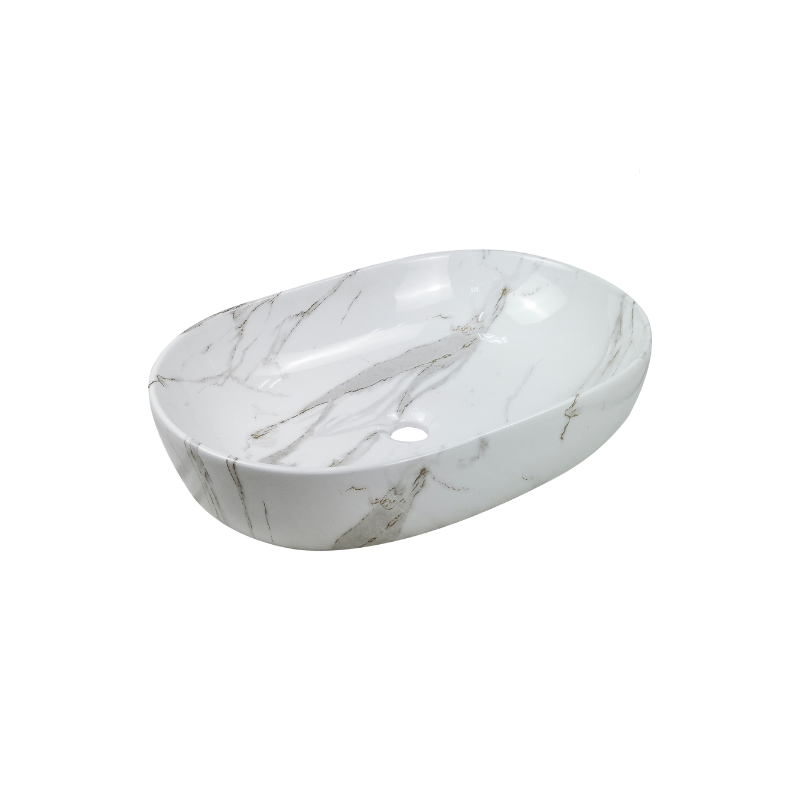 INVENA Umyvadlo na desku KORFU, 60 cm, oval, efekt bílého lesklého mramoru CE-34-701-C