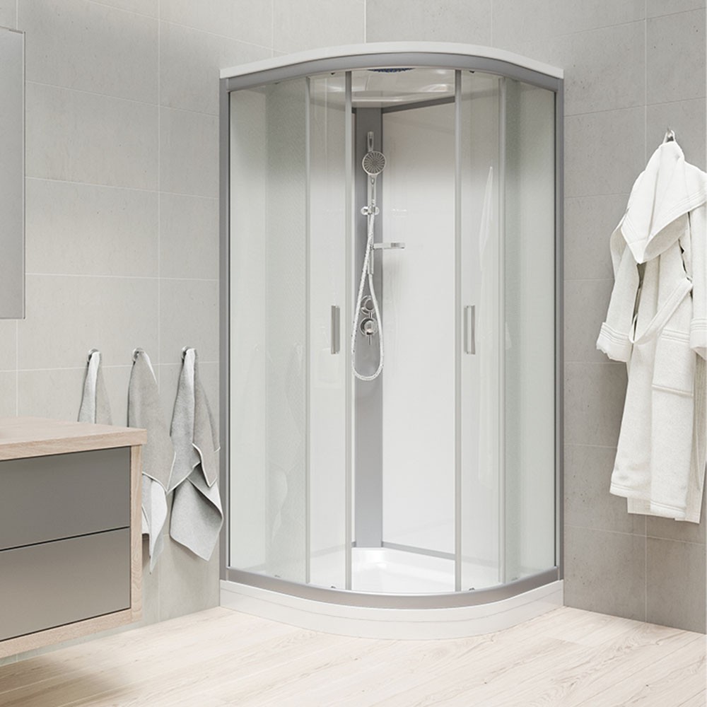 Mereo Sprchový box, čtvrtkruh, 100 cm, satin ALU, sklo Point, zadní stěny bílé, litá vanička, se stříškou CK35162KMSW