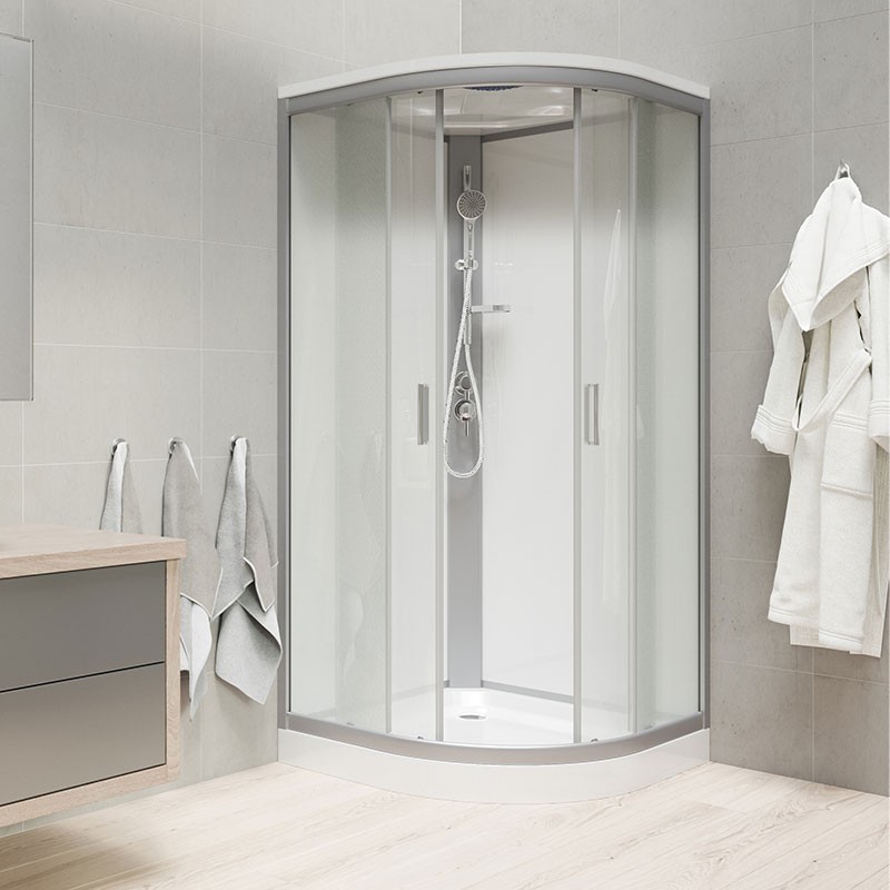 Mereo Sprchový box, čtvrtkruh, 80 cm, satin ALU, sklo Point, zadní stěny bílé, SMC vanička, se stříškou CK35172KBSW
