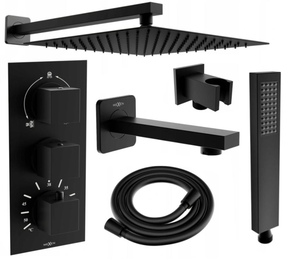 MEXEN/S Cube DR02 podomítkový vanový SET s vytokovou hubicí + slim sprcha 25, černý 77503DR0225-70