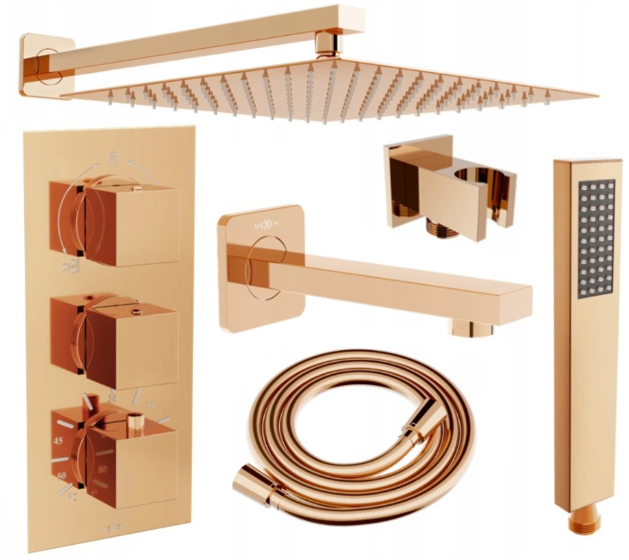 MEXEN/S Cube DR02 podomítkový vanový SET s vytokovou hubicí + slim sprcha 30, růžové zlato 77503DR0230-60