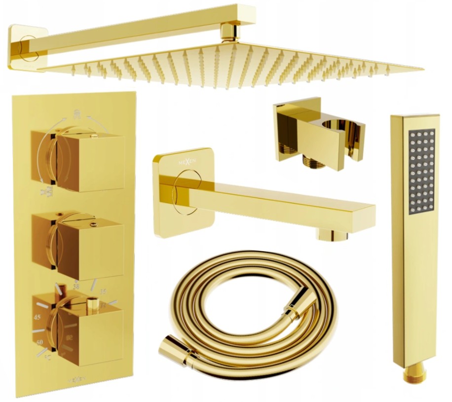 MEXEN/S Cube DR02 podomítkový vanový SET s vytokovou hubicí + slim sprcha 30, zlatý 77503DR0230-50
