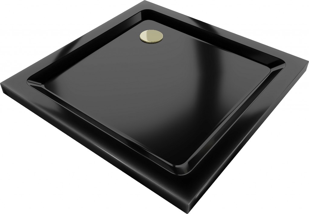MEXEN/S Flat sprchová vanička čtvercová slim 70 x 70, černá + zlatý sifon 40707070G