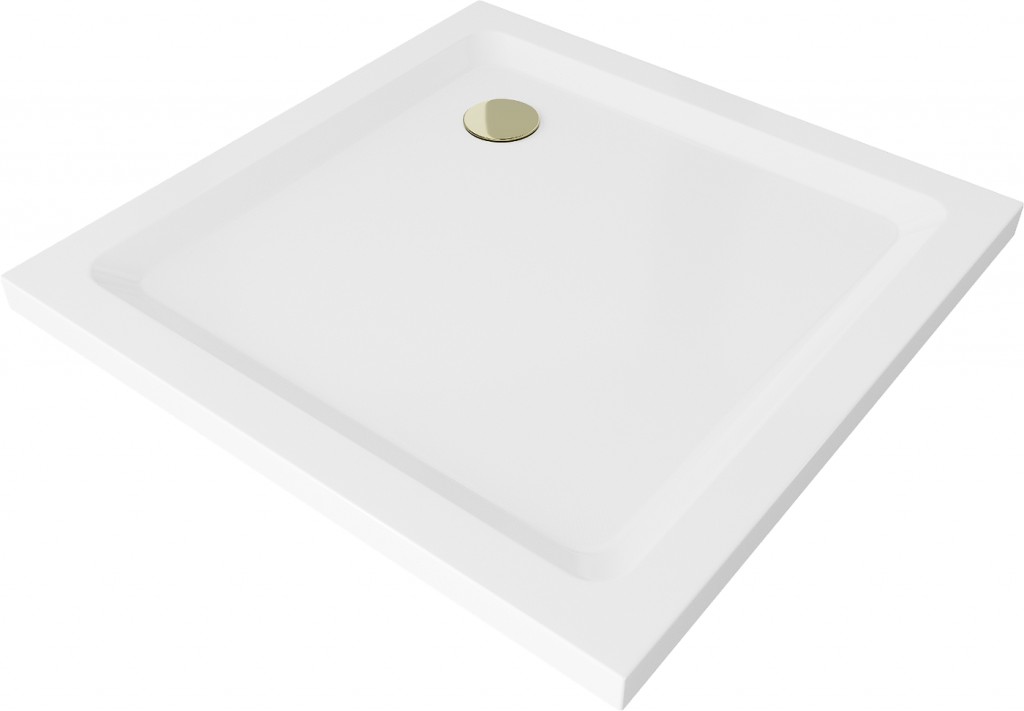 MEXEN/S Flat sprchová vanička čtvercová slim 80 x 80, bílá + zlatý sifon 40108080G