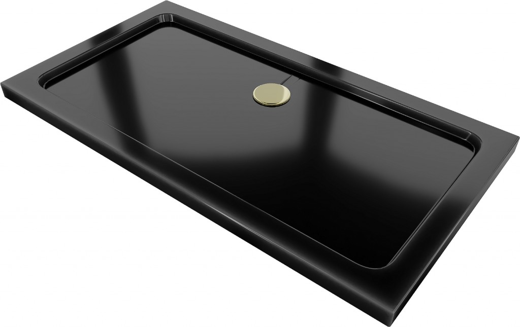 MEXEN/S Flat sprchová vanička obdélníková slim 130 x 70, černá + zlatý sifon 40707013G