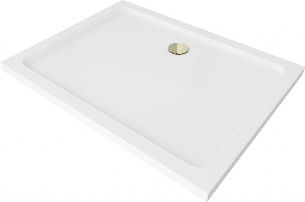 MEXEN/S Flat sprchová vanička obdélníková slim 140 x 80, bílá + zlatý sifon  40108014G