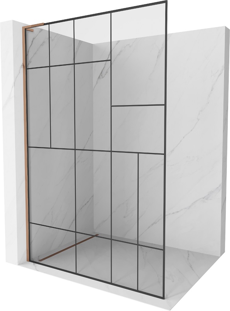 MEXEN/S Kioto L Sprchová zástěna WALK-IN 110 x 200, černý vzor, růžové zlato 800-110-103-60-78