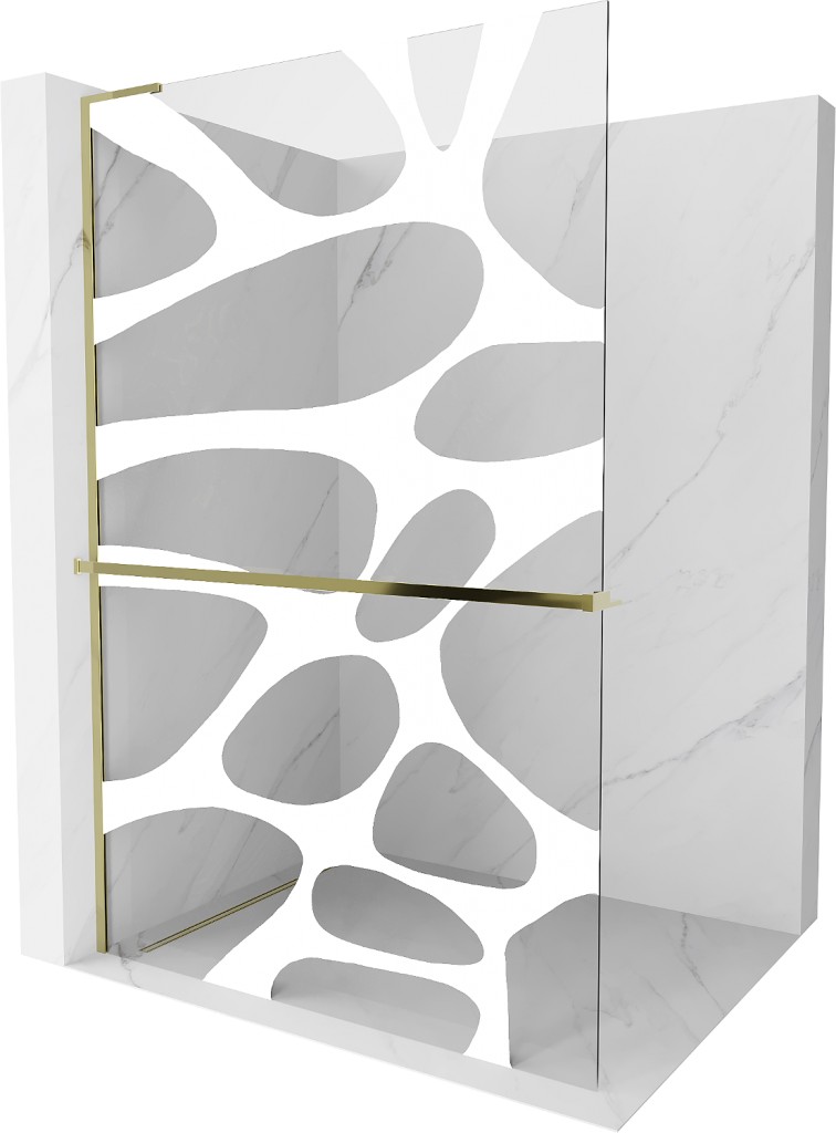 MEXEN/S Kioto+ L Sprchová zástěna WALK-IN s poličkou a držákem ručníků 110 x 200, bílý vzor, zlato 800-110-123-50-97