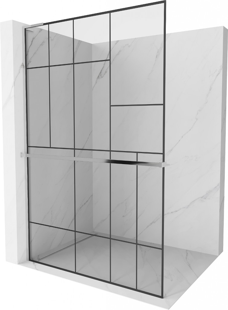 MEXEN/S Kioto+ L Sprchová zástěna WALK-IN s poličkou a držákem ručníků 110 x 200, černý vzor, chrom 800-110-123-01-78