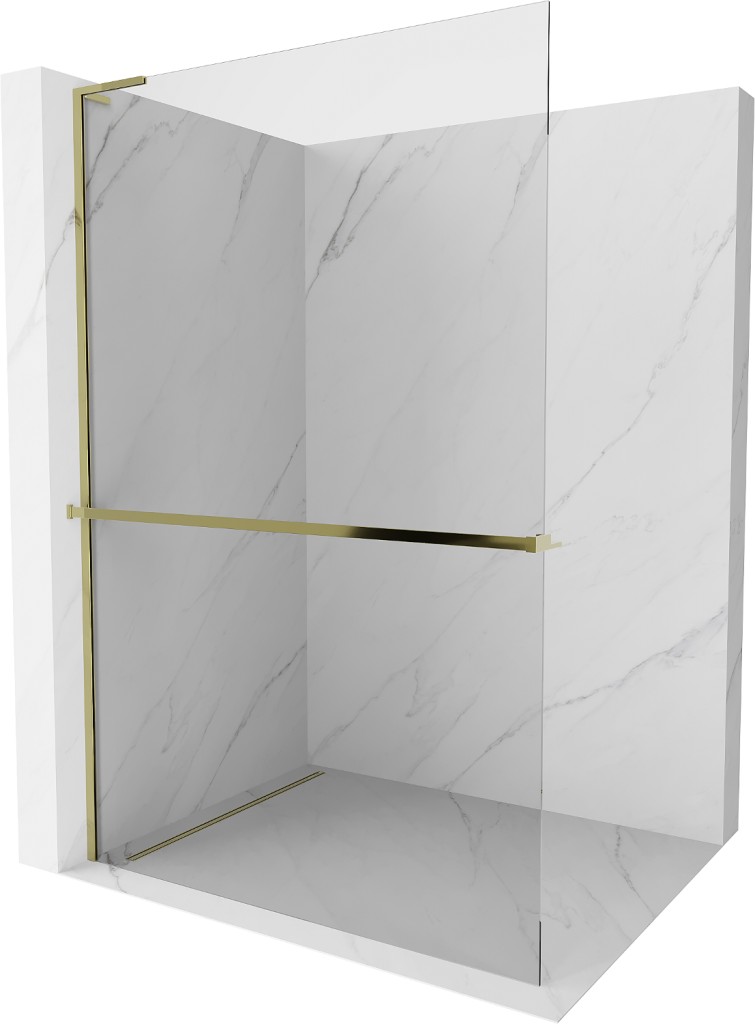 MEXEN/S Kioto+ L Sprchová zástěna WALK-IN s poličkou a držákem ručníků 110 x 200, transparent, zlatá 800-110-123-50-00