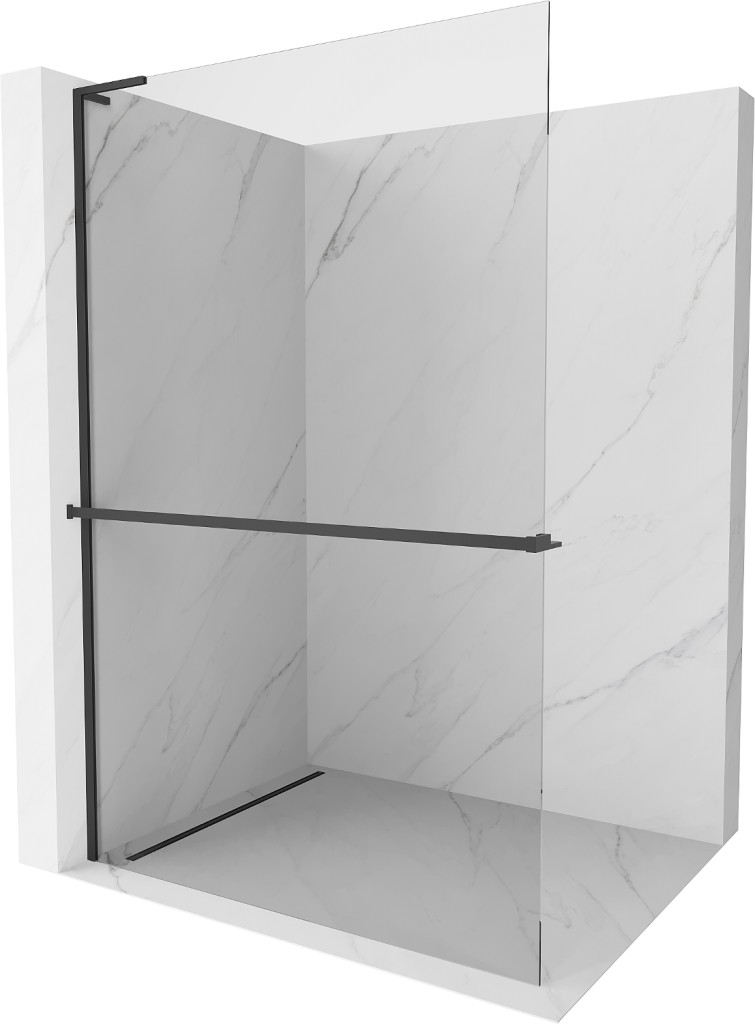 MEXEN/S Kioto+ L Sprchová zástěna WALK-IN s poličkou a držákem ručníků 115 x 200, transparent, černá 800-115-123-70-00