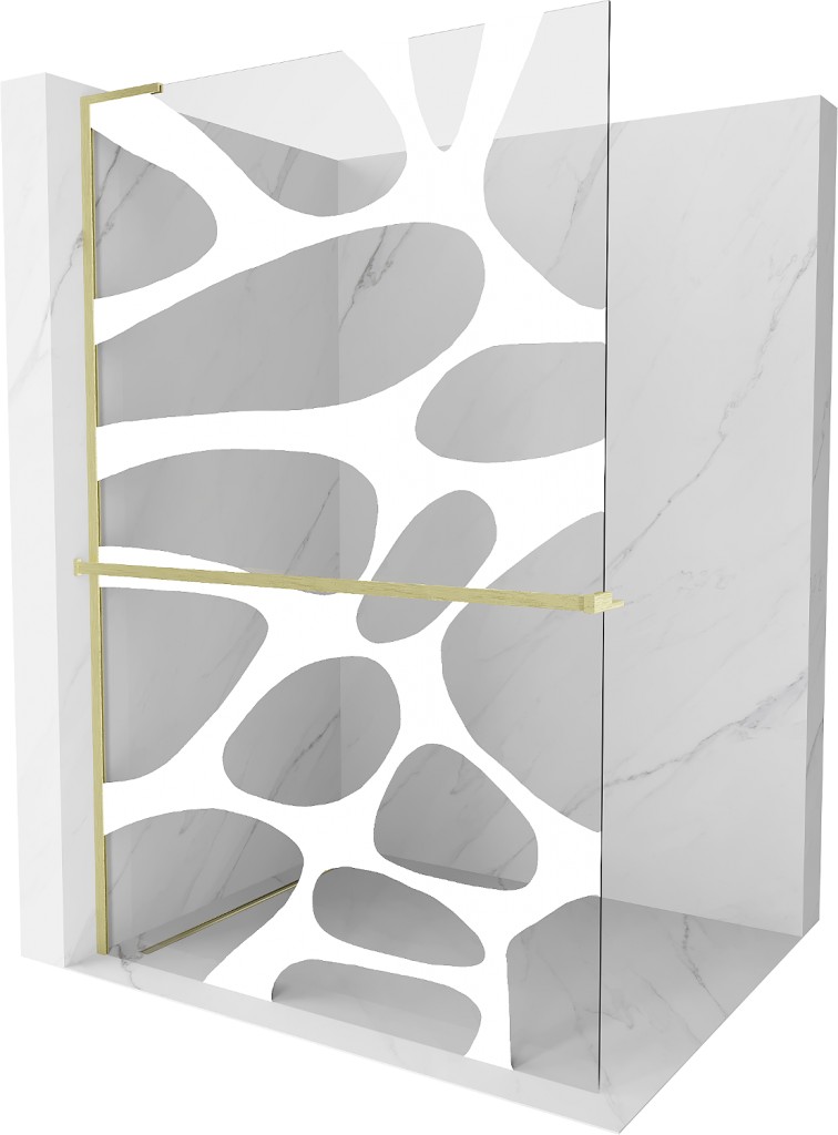 MEXEN/S Kioto+ L Sprchová zástěna WALK-IN s poličkou a držákem ručníků 120 x 200, bílý vzor, zlato kartáčovaná 800-120-123-55-97