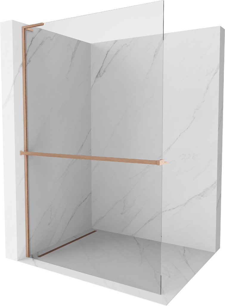 MEXEN/S Kioto+ L Sprchová zástěna WALK-IN s poličkou a držákem ručníků 85 x 200, transparent, měď kartáčovaná 800-085-123-65-00