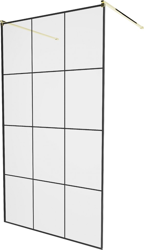 MEXEN/S KIOTO samostatně stojící sprchová zástěna 100 x 200, transparent/černá vzor 8 mm, zlatá 800-100-002-50-77
