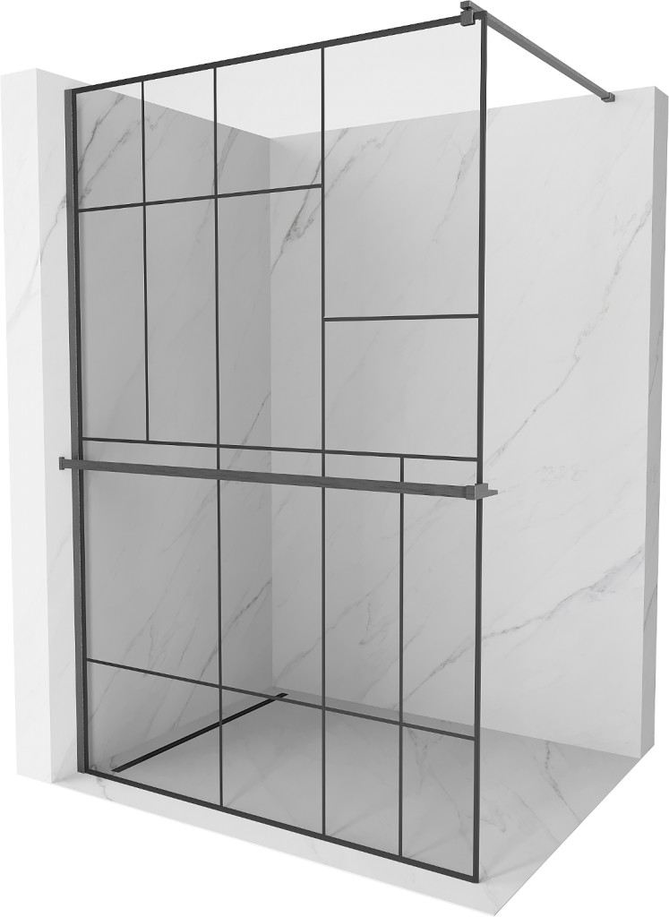 MEXEN/S Kioto+ Sprchová zástěna s poličkou WALK-IN 110 x 200, černá vzor, grafit kartáčovaná 800-110-121-66-78