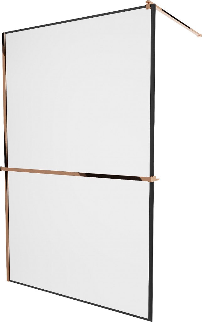 MEXEN/S KIOTO Sprchová zástěna WALK-IN s poličkou a držákem ručníků 100 x 200 cm transparent/černá 8 mm, růžové zlato 800-100-121-60-70